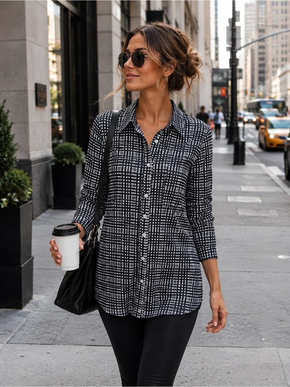 Lysse Top Shiffer Button Down Windowpane Plaid Black Long Sleeve